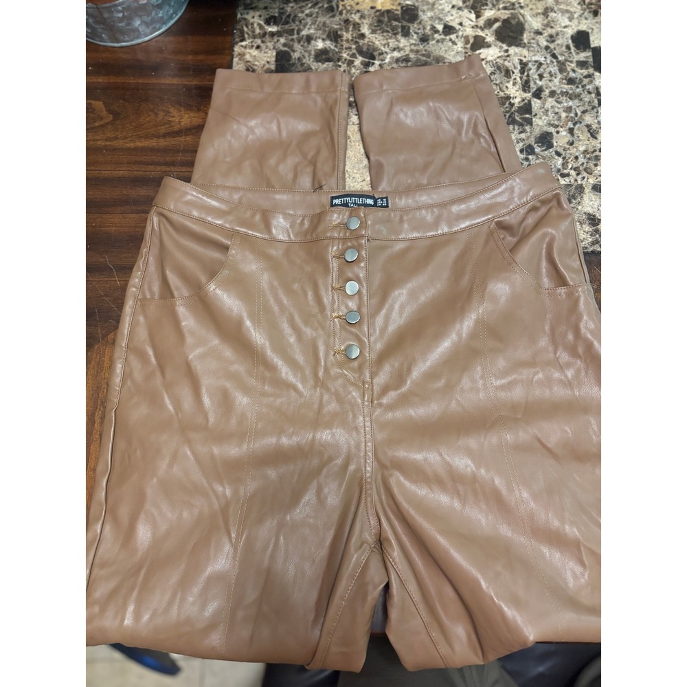 PrettyLittleThing Tall Tan Faux Leather Button Fly Trousers Brown Size 12